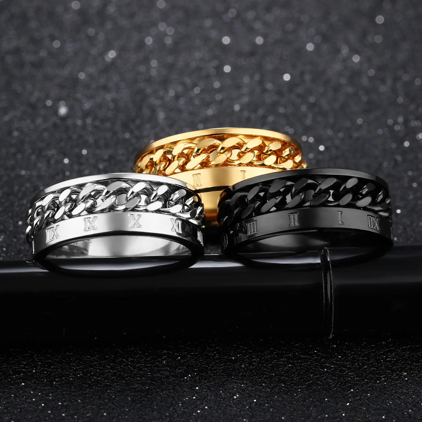 EDC Finger Fidget Spinner Stainless Steel Chain Rotatable Ring Men Classical Rome Digital Power Sense Charm Jewelry Gift