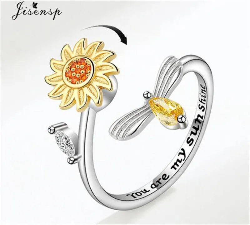 Exquisite Spinning Sunflower Bee Anxiety Ring For Women Adjustable Fidget Spinner Rings Wedding Jewelry Summer Design Anillos