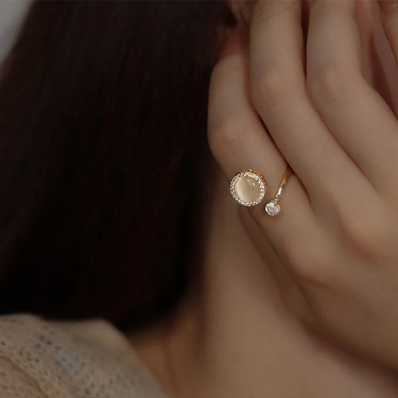 Korea Opal Rotating Anxiety Rings For Women Gold Color Zircon Wedding Ring Adjustable Girls Anti Stress Fidget Jewelry Gift