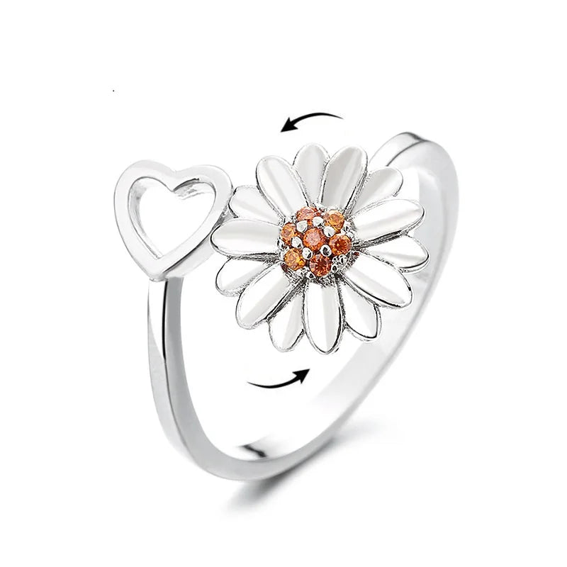 Sunflower Crystal Anxiety Relief Spinning Fidget Ring For Girls Rotate Freely Metal Copper Knuckle Ring Women'S Jewelry Gifts