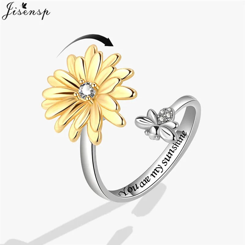 Exquisite Spinning Sunflower Bee Anxiety Ring For Women Adjustable Fidget Spinner Rings Wedding Jewelry Summer Design Anillos