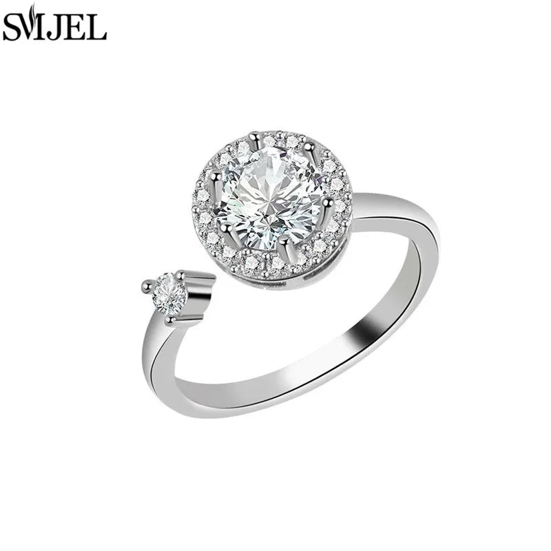 SMJEL Simple Crystal Round Anti Stress Anxiety Ring for Women Worry Stress Relief Finger Jewelry Girls Party Accessories