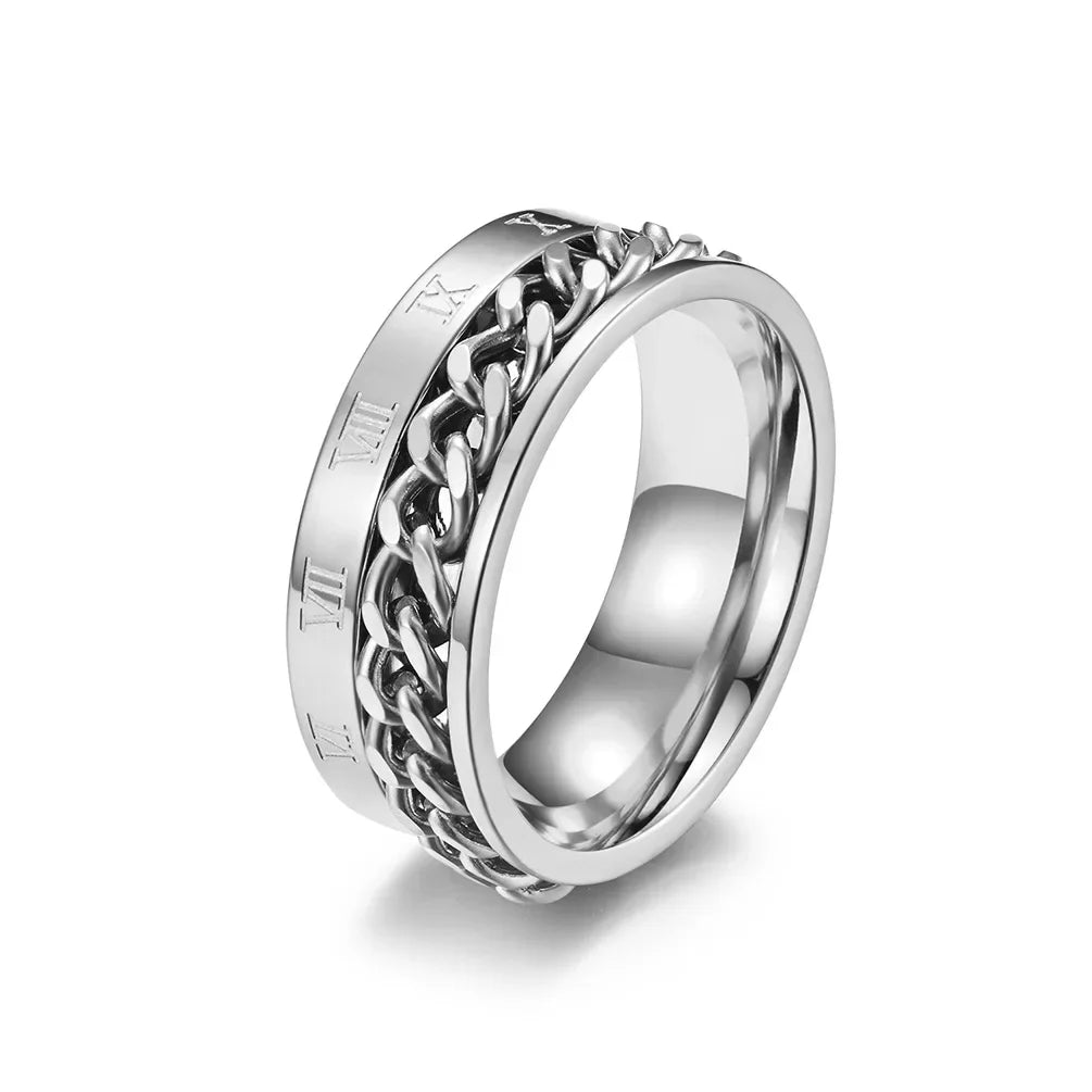 EDC Finger Fidget Spinner Stainless Steel Chain Rotatable Ring Men Classical Rome Digital Power Sense Charm Jewelry Gift