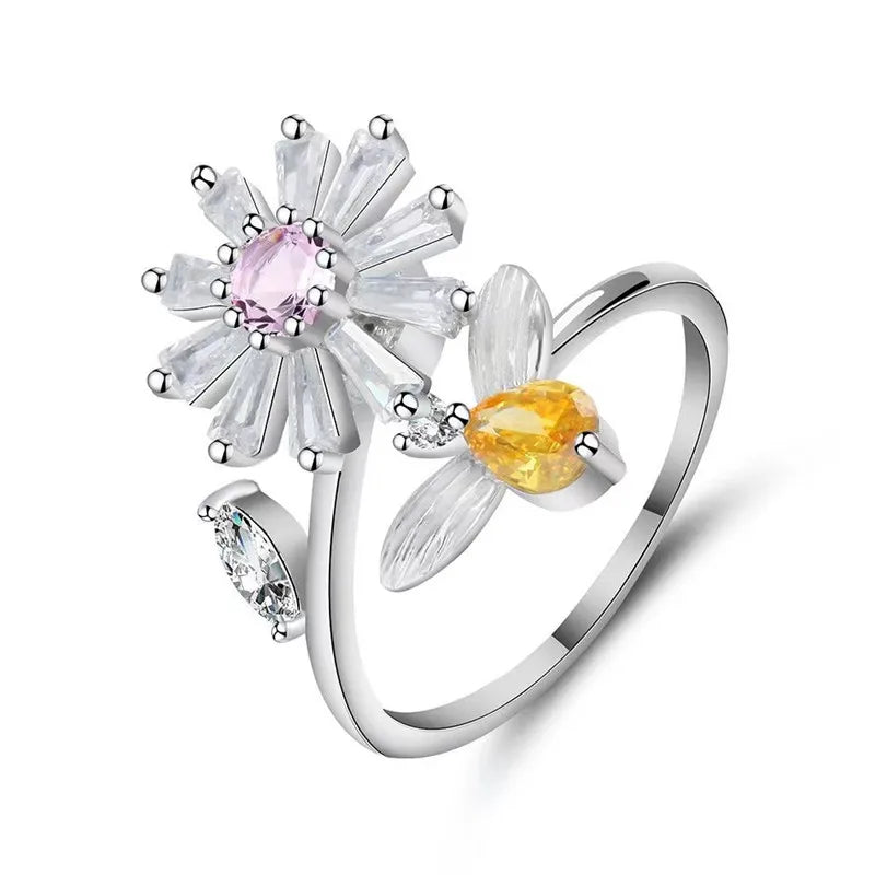 Exquisite Spinning Sunflower Bee Anxiety Ring For Women Adjustable Fidget Spinner Rings Wedding Jewelry Summer Design Anillos