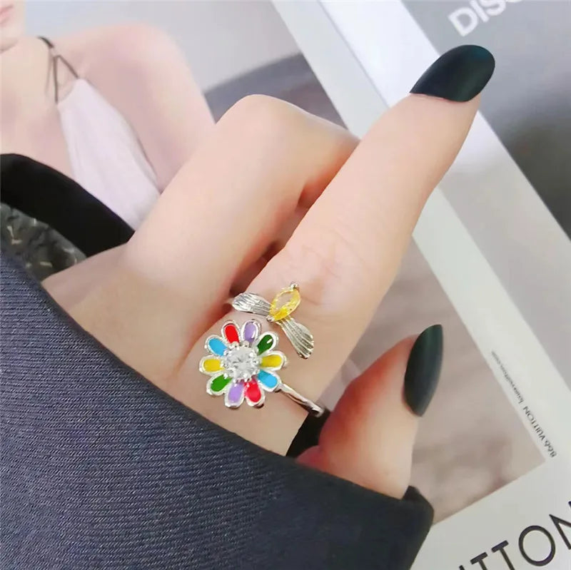 Exquisite Spinning Sunflower Bee Anxiety Ring For Women Adjustable Fidget Spinner Rings Wedding Jewelry Summer Design Anillos