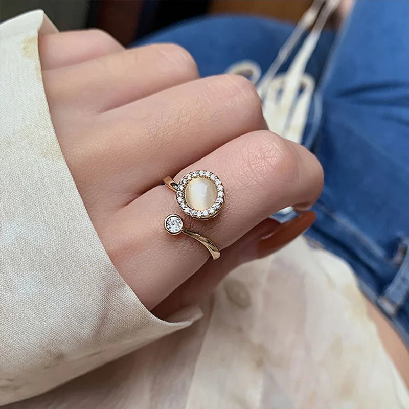 Korea Opal Rotating Anxiety Rings For Women Gold Color Zircon Wedding Ring Adjustable Girls Anti Stress Fidget Jewelry Gift