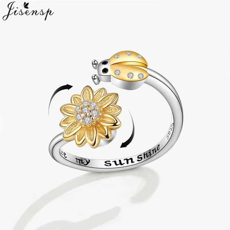 Exquisite Spinning Sunflower Bee Anxiety Ring For Women Adjustable Fidget Spinner Rings Wedding Jewelry Summer Design Anillos