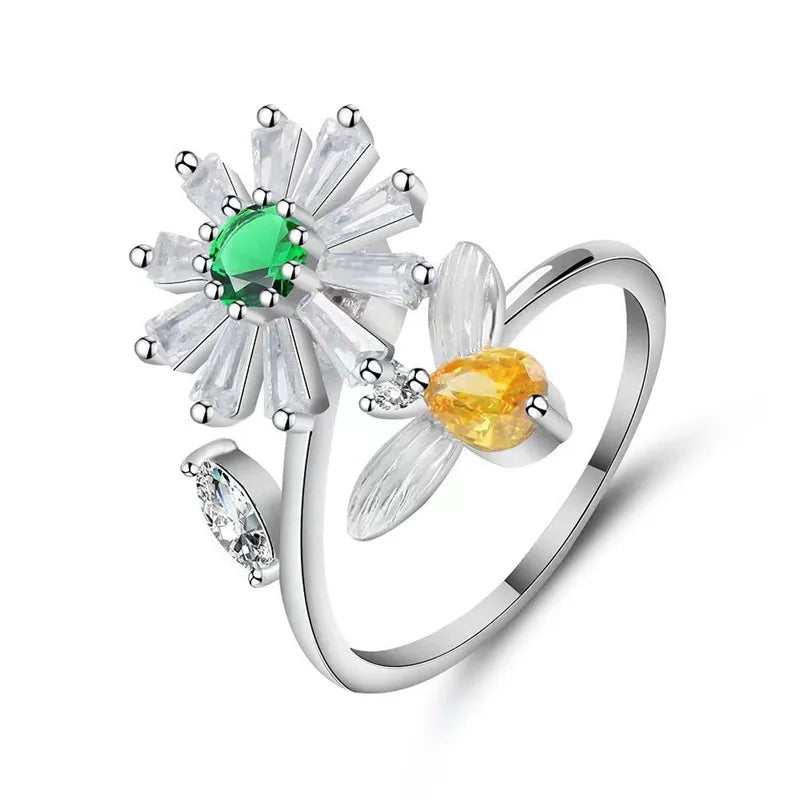 Exquisite Spinning Sunflower Bee Anxiety Ring For Women Adjustable Fidget Spinner Rings Wedding Jewelry Summer Design Anillos