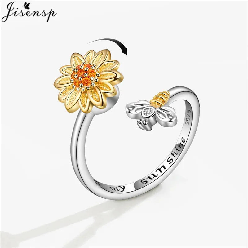 Exquisite Spinning Sunflower Bee Anxiety Ring For Women Adjustable Fidget Spinner Rings Wedding Jewelry Summer Design Anillos