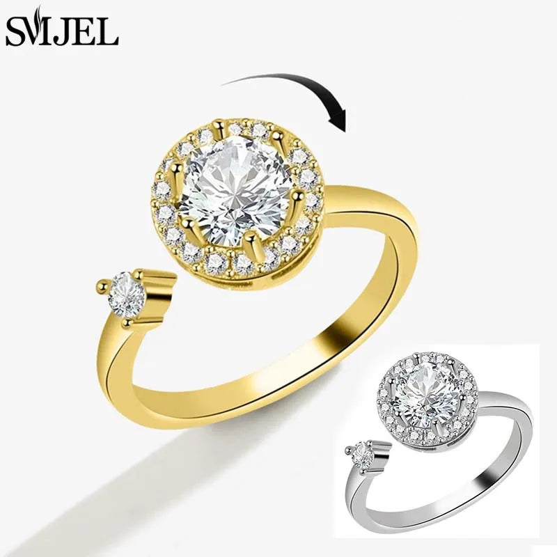SMJEL Simple Crystal Round Anti Stress Anxiety Ring for Women Worry Stress Relief Finger Jewelry Girls Party Accessories