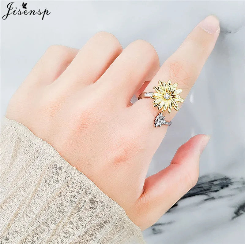 Exquisite Spinning Sunflower Bee Anxiety Ring For Women Adjustable Fidget Spinner Rings Wedding Jewelry Summer Design Anillos