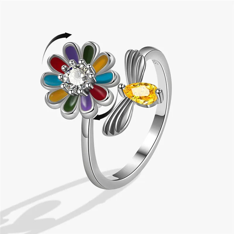 Exquisite Spinning Sunflower Bee Anxiety Ring For Women Adjustable Fidget Spinner Rings Wedding Jewelry Summer Design Anillos