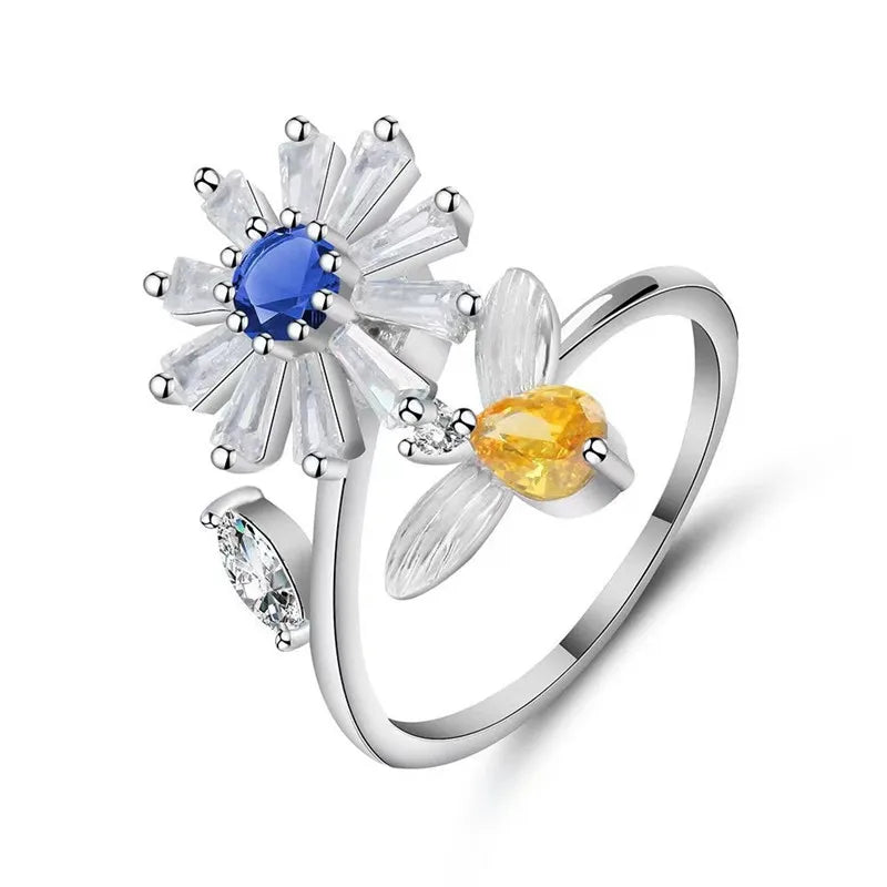 Exquisite Spinning Sunflower Bee Anxiety Ring For Women Adjustable Fidget Spinner Rings Wedding Jewelry Summer Design Anillos