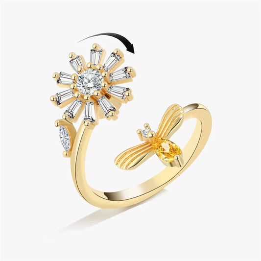 Exquisite Spinning Sunflower Bee Anxiety Ring For Women Adjustable Fidget Spinner Rings Wedding Jewelry Summer Design Anillos