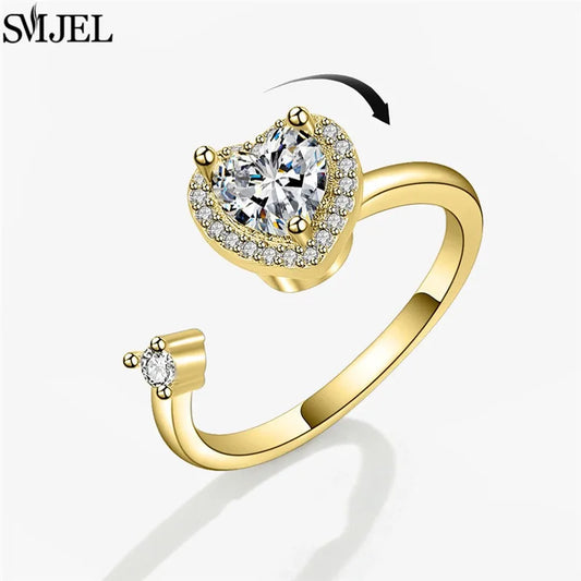 SMJEL Simple Crystal Round Anti Stress Anxiety Ring for Women Worry Stress Relief Finger Jewelry Girls Party Accessories
